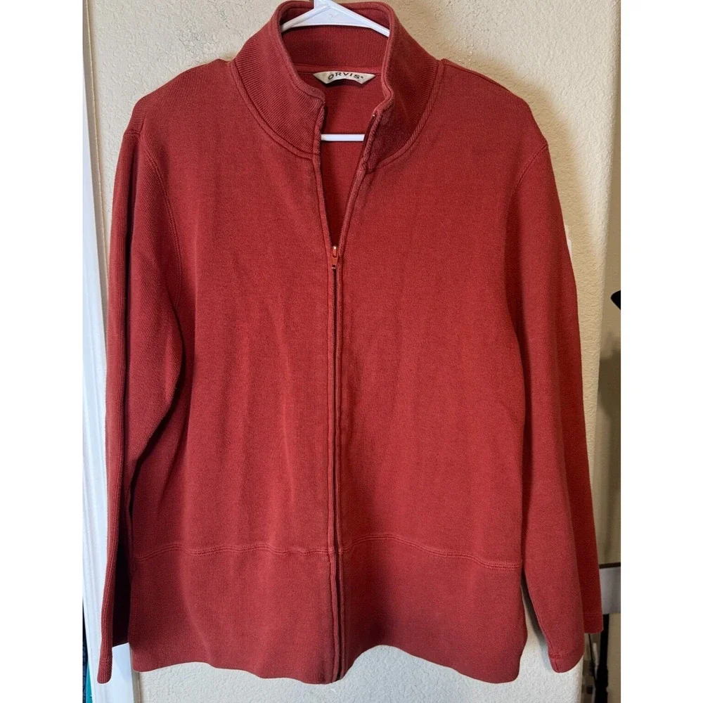 Orvis Sweater Cardigan Women's M Orange‎ Cotton Full Zip Jacket pockets